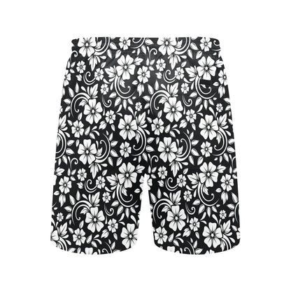 Floral Black White Themed Print Men's Swim Trunks Beach Shorts