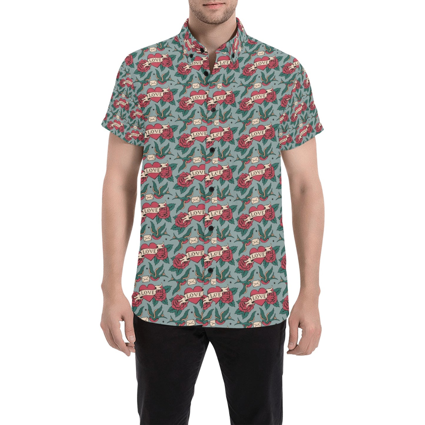 Tattoo Heart Print Design LKS301 Men Short Sleeve Button Up Shirt
