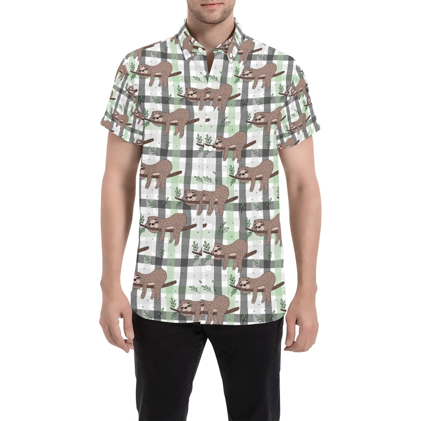 Sloth Print Design LKS301 Men Short Sleeve Button Up Shirt