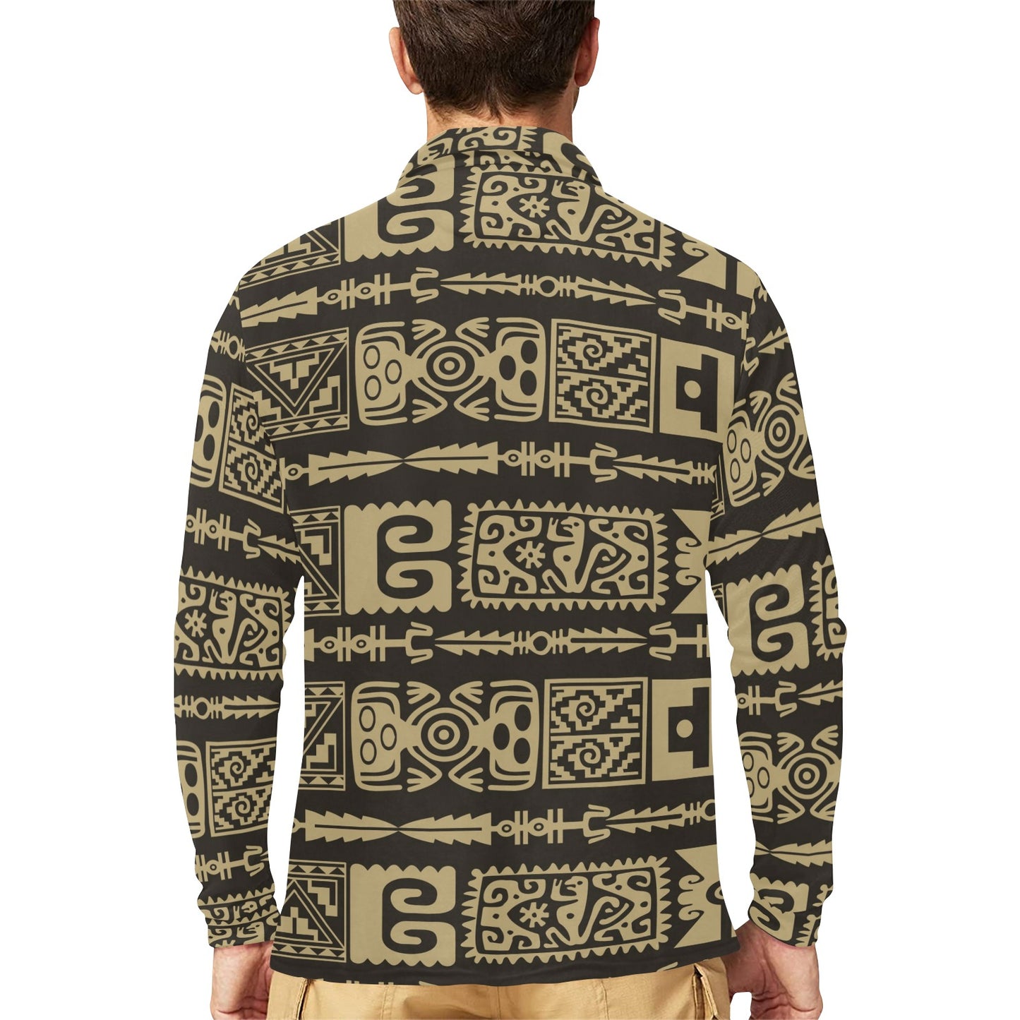 Mayan Pattern Print Design 03 Long Sleeve Polo Shirt For Men's