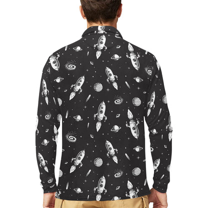 Space Rocket Print Design LKS303 Long Sleeve Polo Shirt For Men's