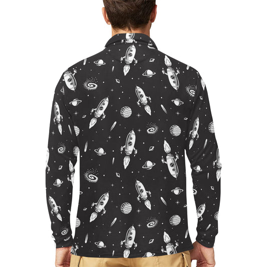 Space Rocket Print Design LKS303 Long Sleeve Polo Shirt For Men's