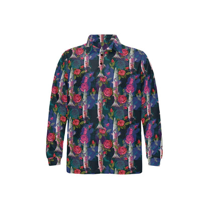 Barracuda with Folwer Pattern Print Design 01 Long Sleeve Polo Shirt For Men's