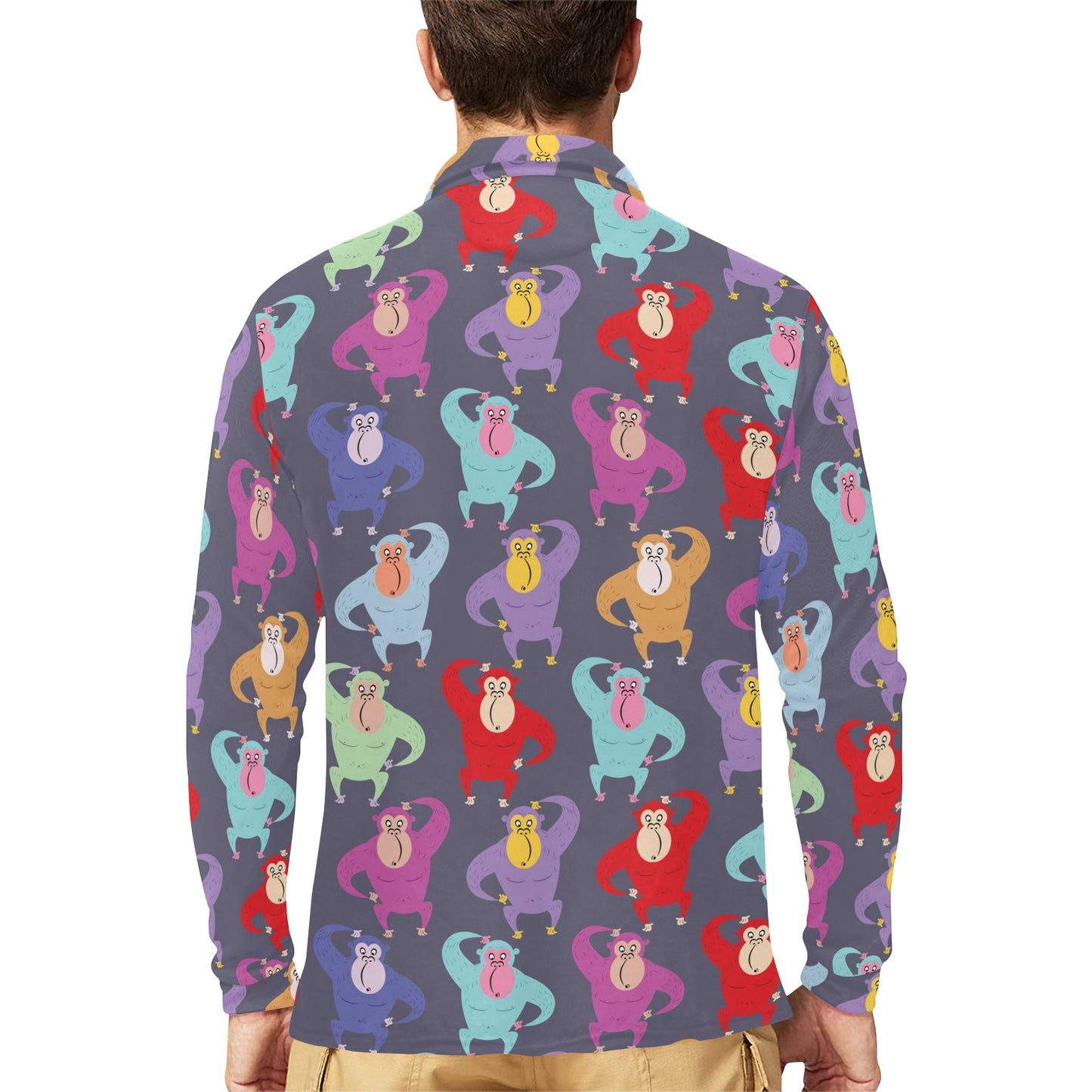 Chimpanzee Pattern Print Design 03 Long Sleeve Polo Shirt For Men's
