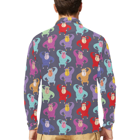 Chimpanzee Pattern Print Design 03 Long Sleeve Polo Shirt For Men's