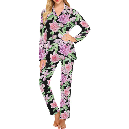 Peony Pattern Print Design PE08 Women's Long Pajama Set