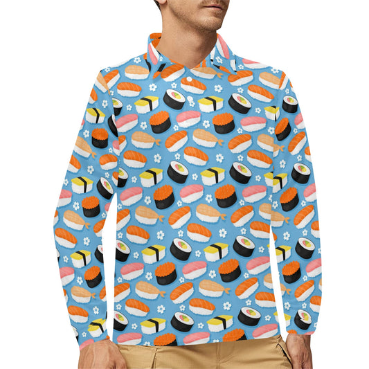 Sushi Print Design LKS304 Long Sleeve Polo Shirt For Men's