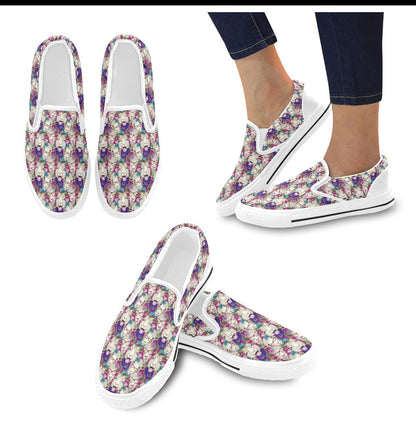 Sheep Print Design LKS403 White Slip Ons Canvas Women's Shoes