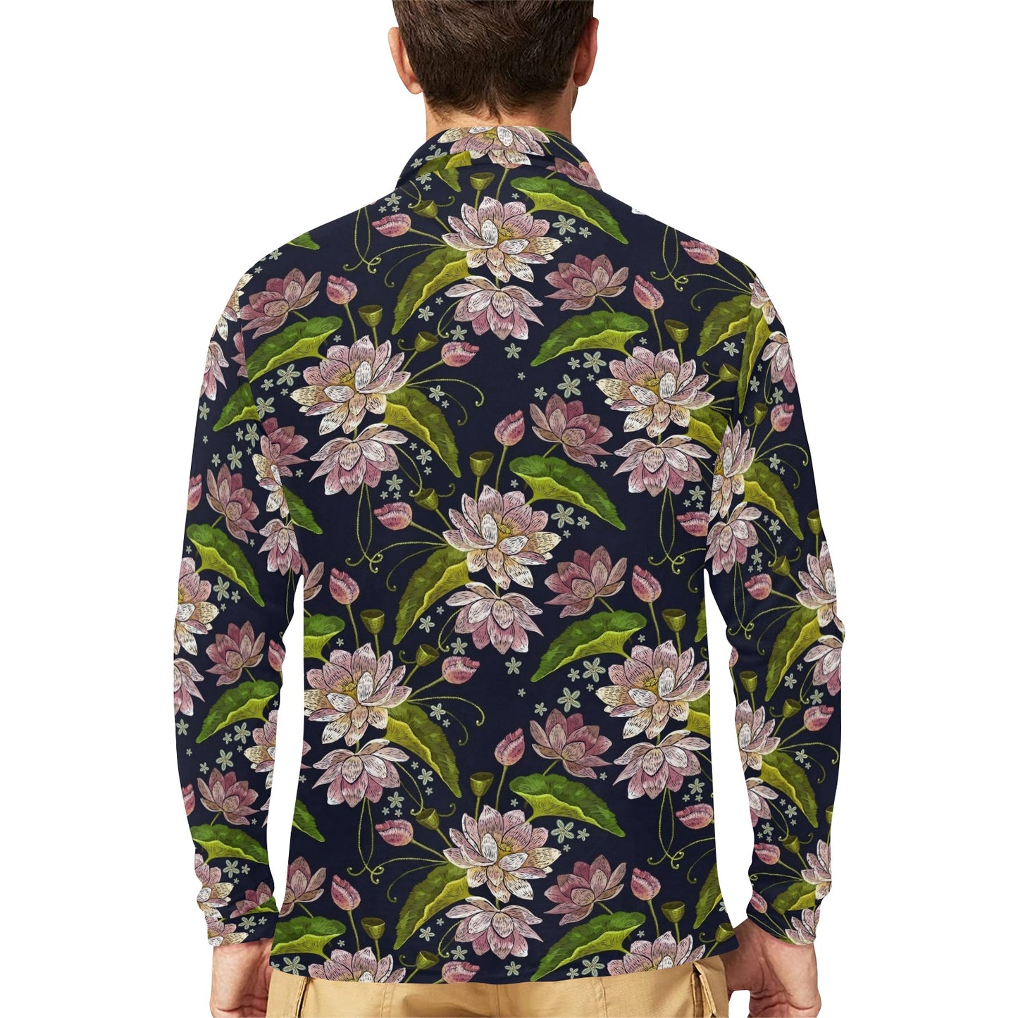 lotus Embroidered Pattern Print Design LO06 Long Sleeve Polo Shirt For Men's