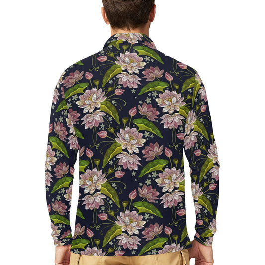 lotus Embroidered Pattern Print Design LO06 Long Sleeve Polo Shirt For Men's