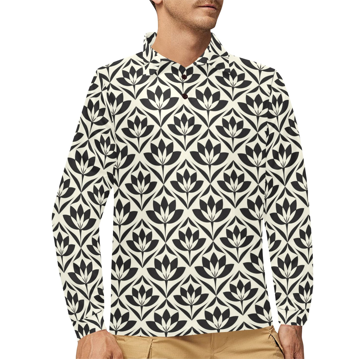 Lotus Pattern Print Long Sleeve Polo Shirt For Men's