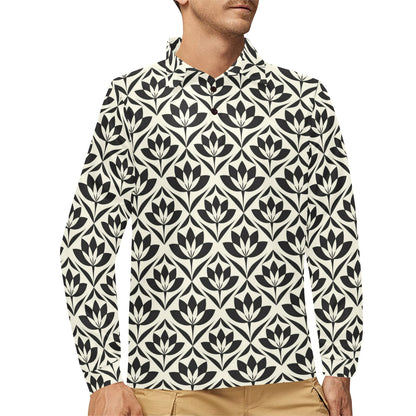 Lotus Pattern Print Long Sleeve Polo Shirt For Men's