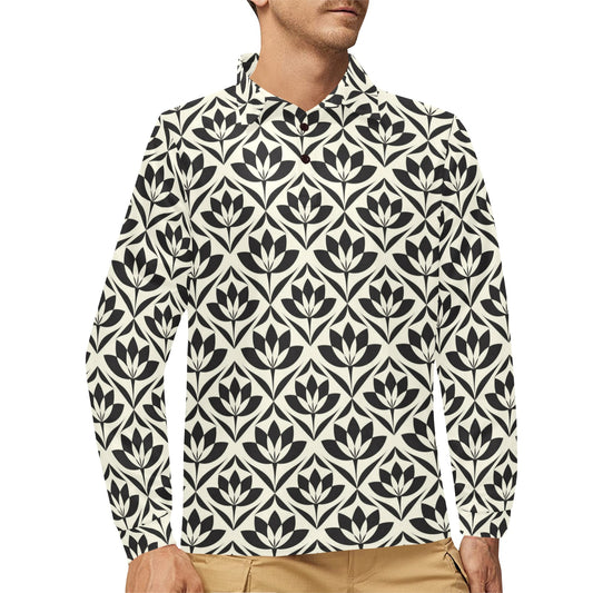 Lotus Pattern Print Long Sleeve Polo Shirt For Men's