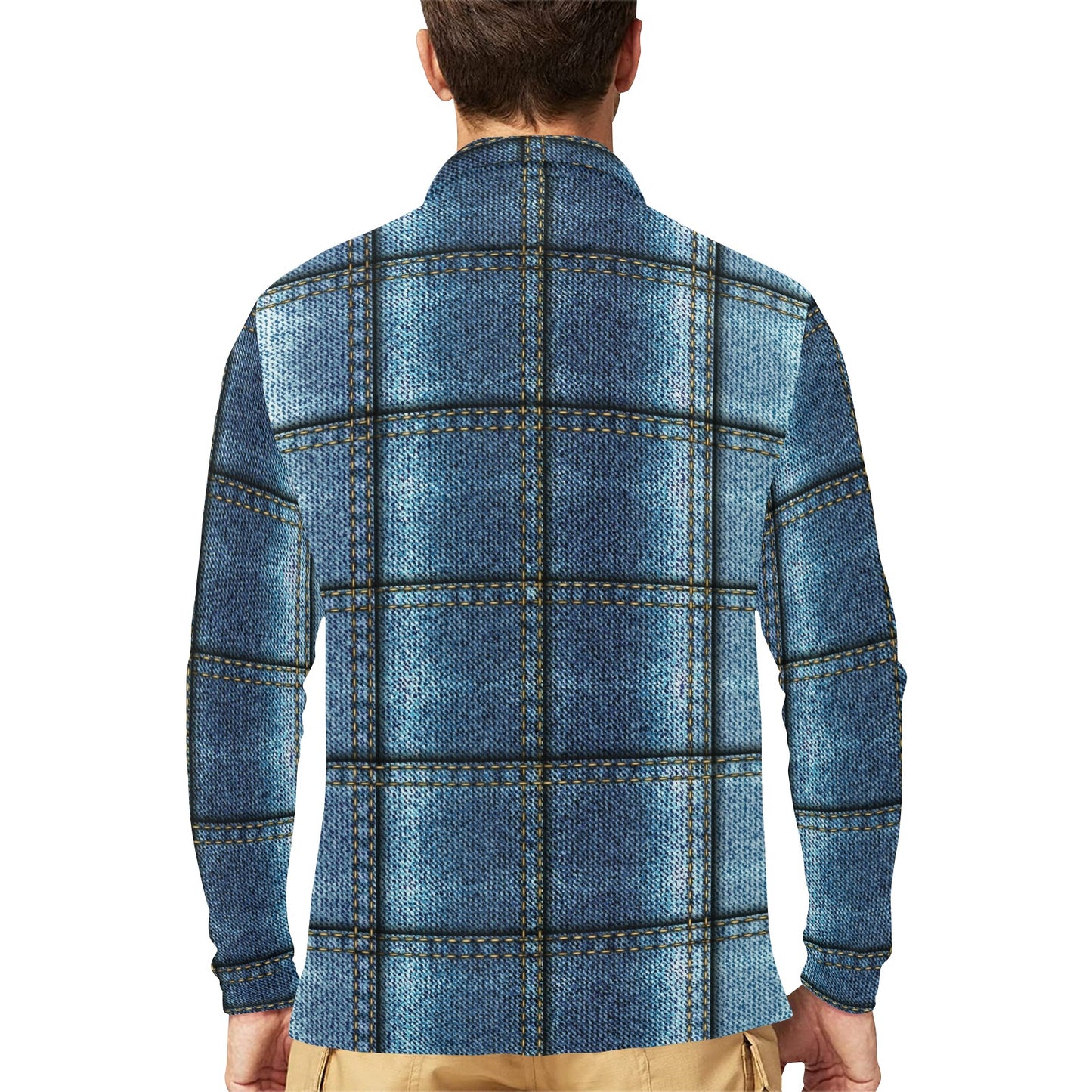 Jean Patchwork Pattern Print Design 02 Long Sleeve Polo Shirt For Men's
