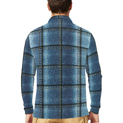 Jean Patchwork Pattern Print Design 02 Long Sleeve Polo Shirt For Men's