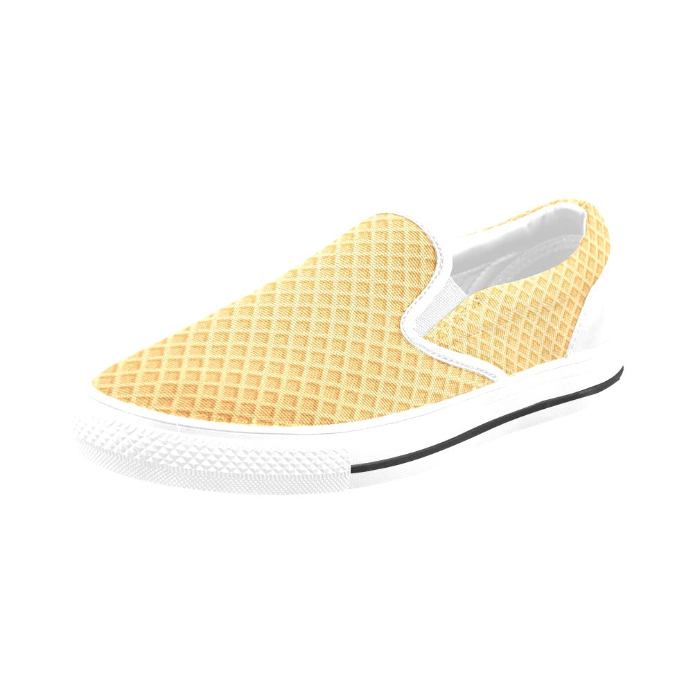 Waffle Texture Print Design LKS302 White Slip Ons Canvas Women's Shoes