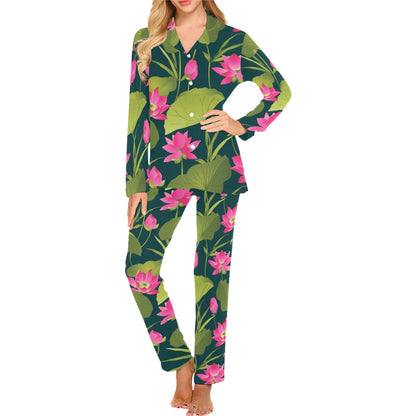 Water Lily Pattern Print Design WL09 Women's Long Pajama Set