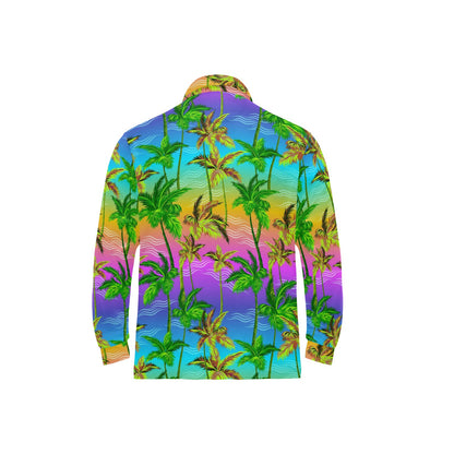 Palm Tree Rainbow Pattern Long Sleeve Polo Shirt For Men's