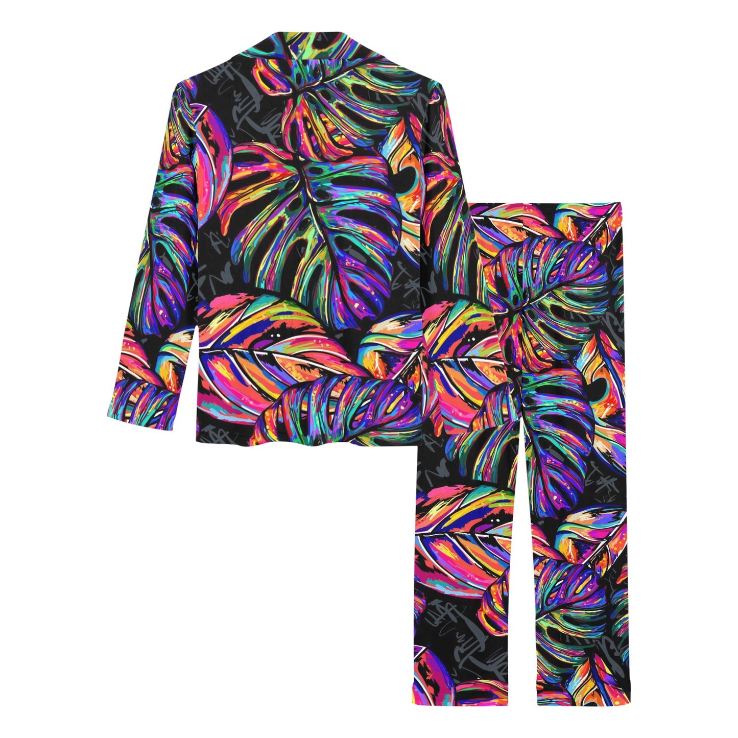 Neon Color Tropical Palm Leaves Women's Long Pajama Set