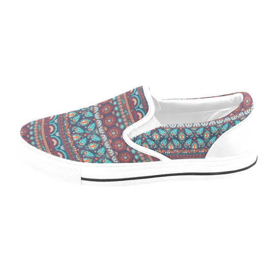 Suzani Print Design LKS302 White Slip Ons Canvas Women's Shoes