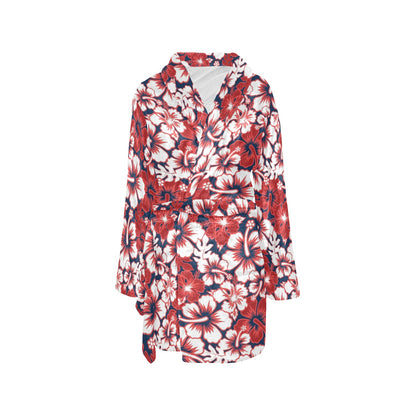 Red Hibiscus Pattern Print Design HB01 Women's Fleece Robe