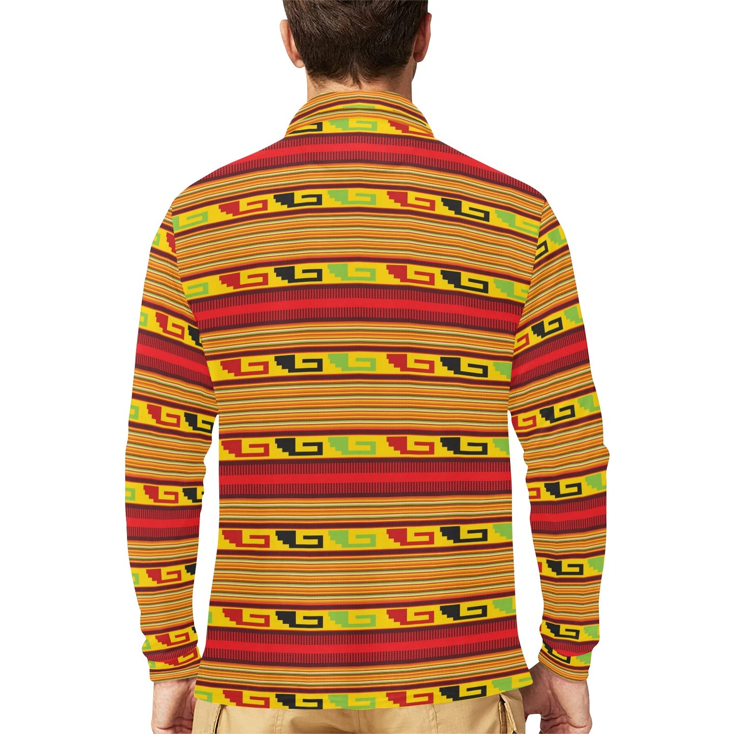 Mexican Blanket Ornament Print Pattern Long Sleeve Polo Shirt For Men's
