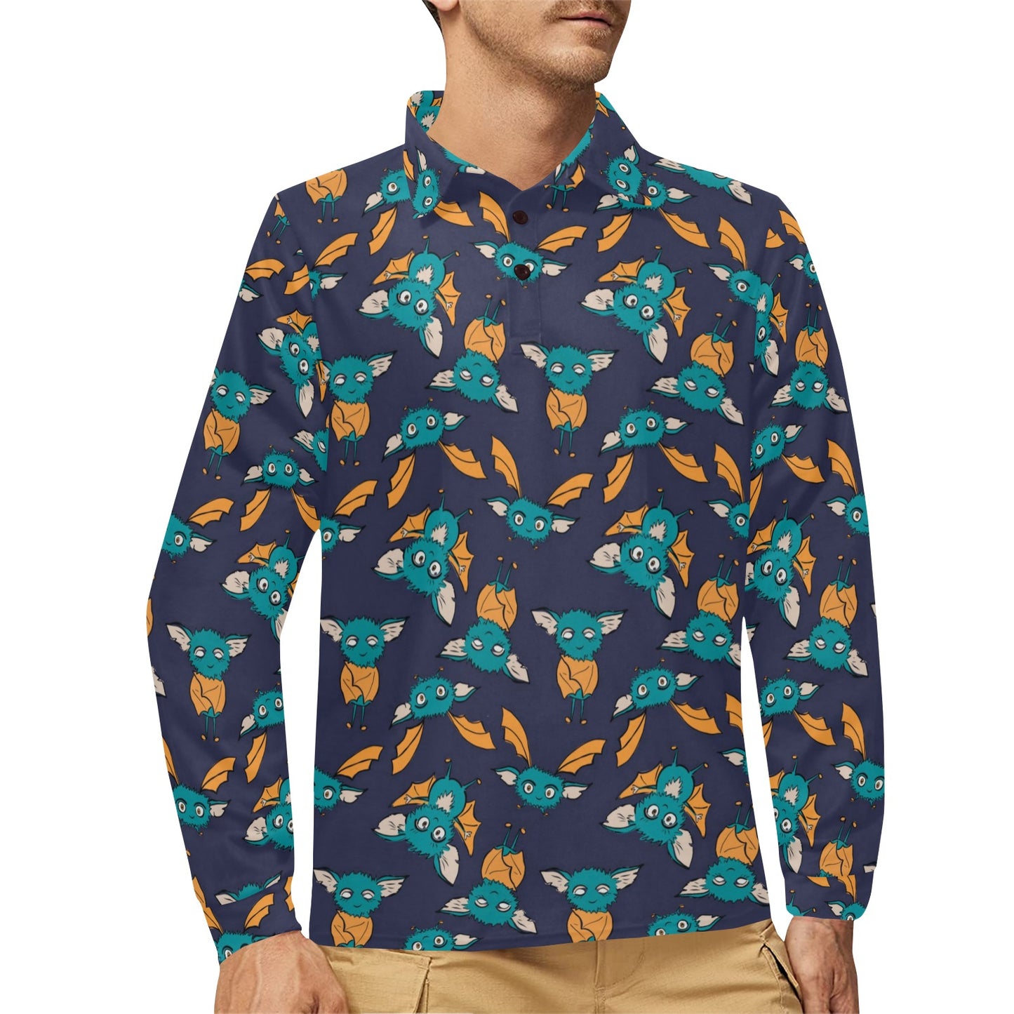 Bat Pattern Print Design 07 Long Sleeve Polo Shirt For Men's