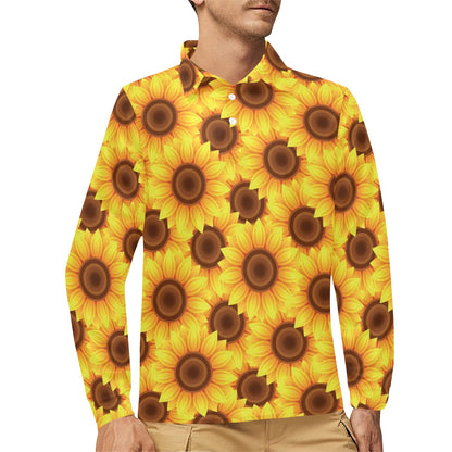 Sunflower Pattern Print Design SF07 Long Sleeve Polo Shirt For Men's
