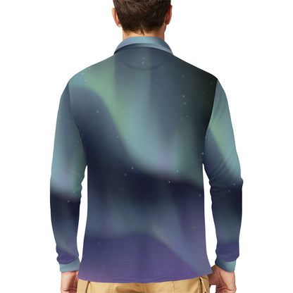 Aurora Borealis Pattern Print Design 01 Long Sleeve Polo Shirt For Men's