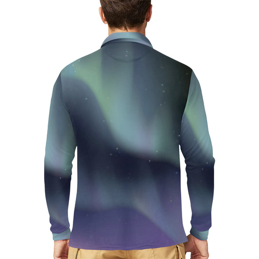 Aurora Borealis Pattern Print Design 01 Long Sleeve Polo Shirt For Men's