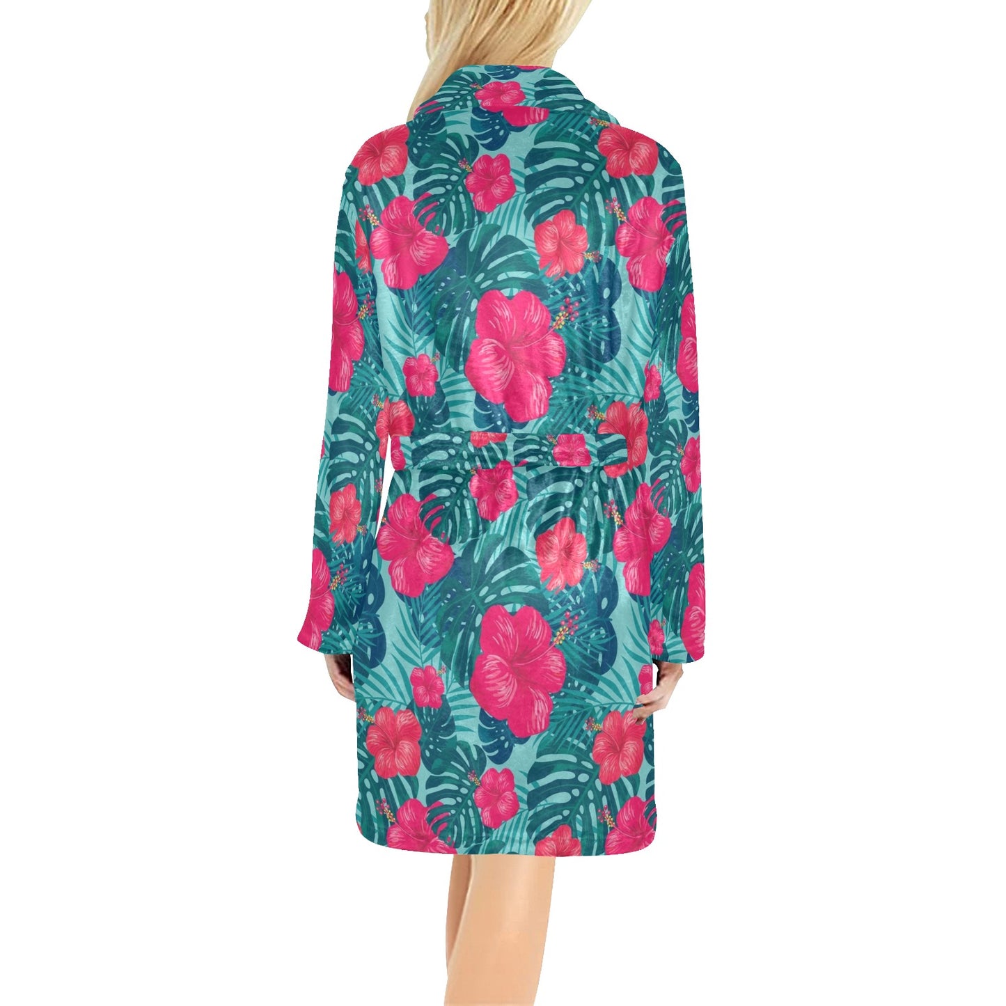 Red Hibiscus Pattern Print Design HB017 Women's Fleece Robe
