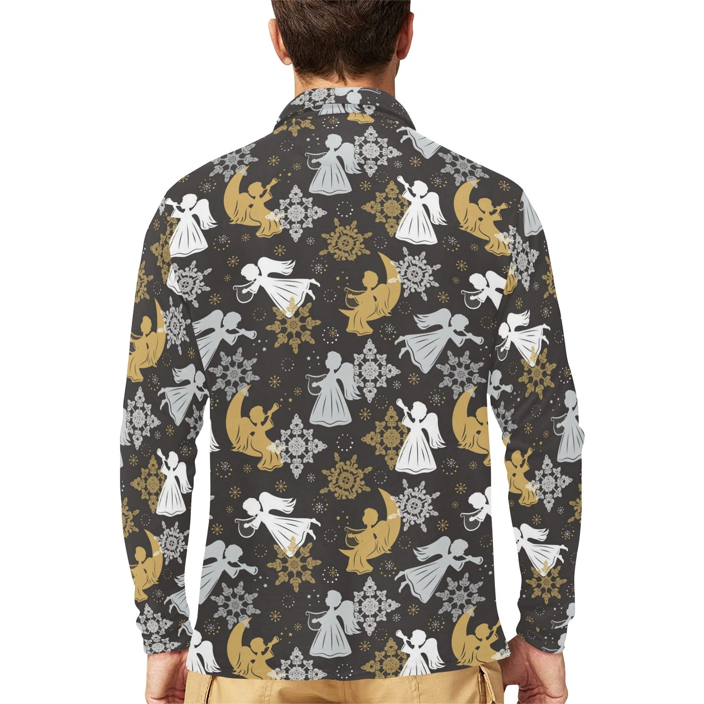 Angel Pattern Print Design 04 Long Sleeve Polo Shirt For Men's