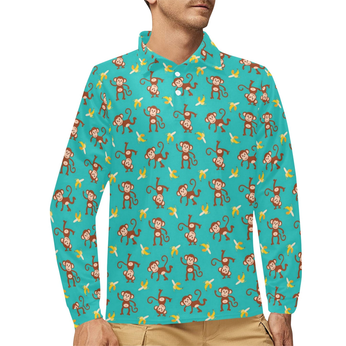 Monkey Banana Design Themed Print Long Sleeve Polo Shirt For Men's
