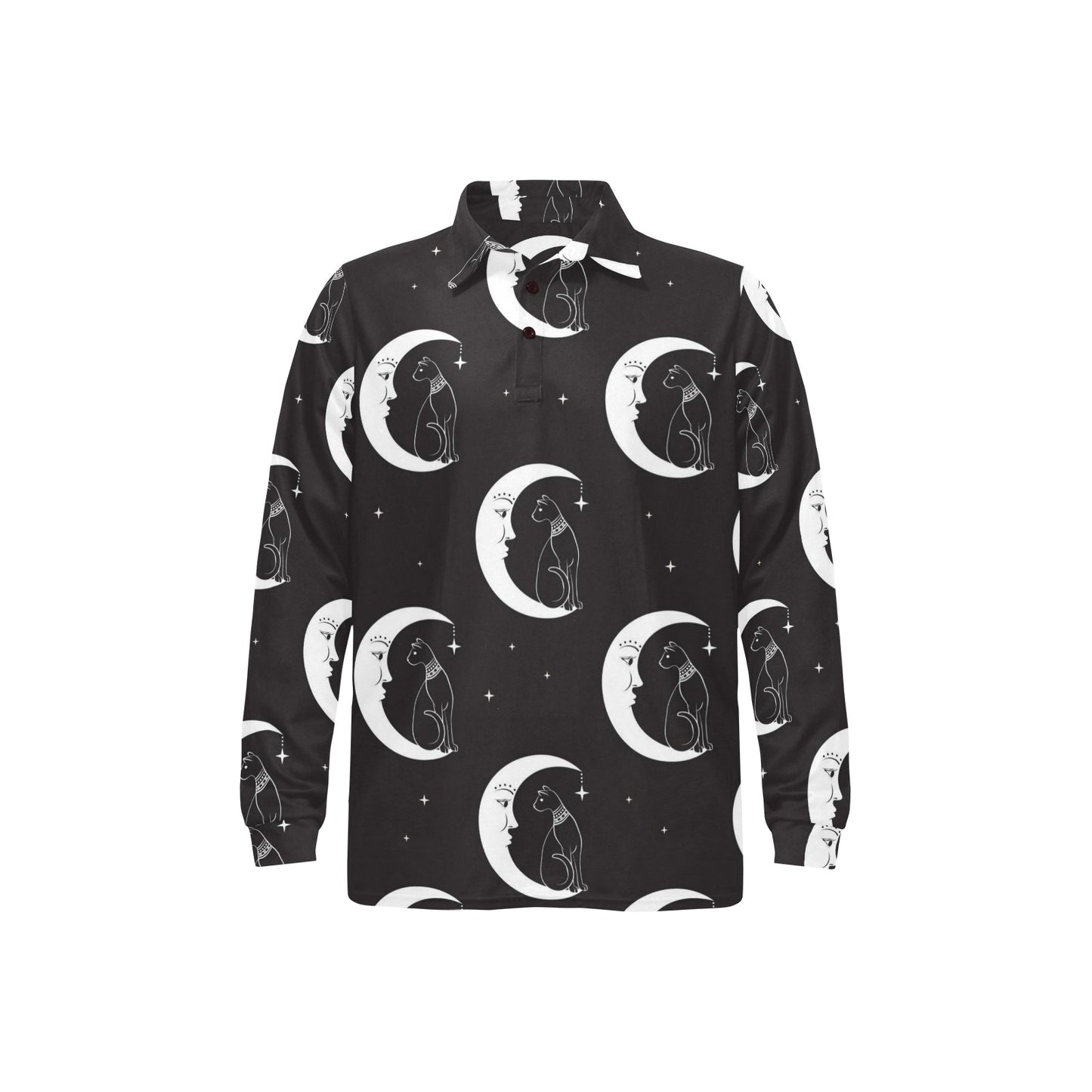 Moon with Cat Pattern Print Design 04 Long Sleeve Polo Shirt For Men's