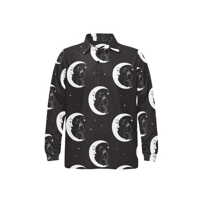 Moon with Cat Pattern Print Design 04 Long Sleeve Polo Shirt For Men's