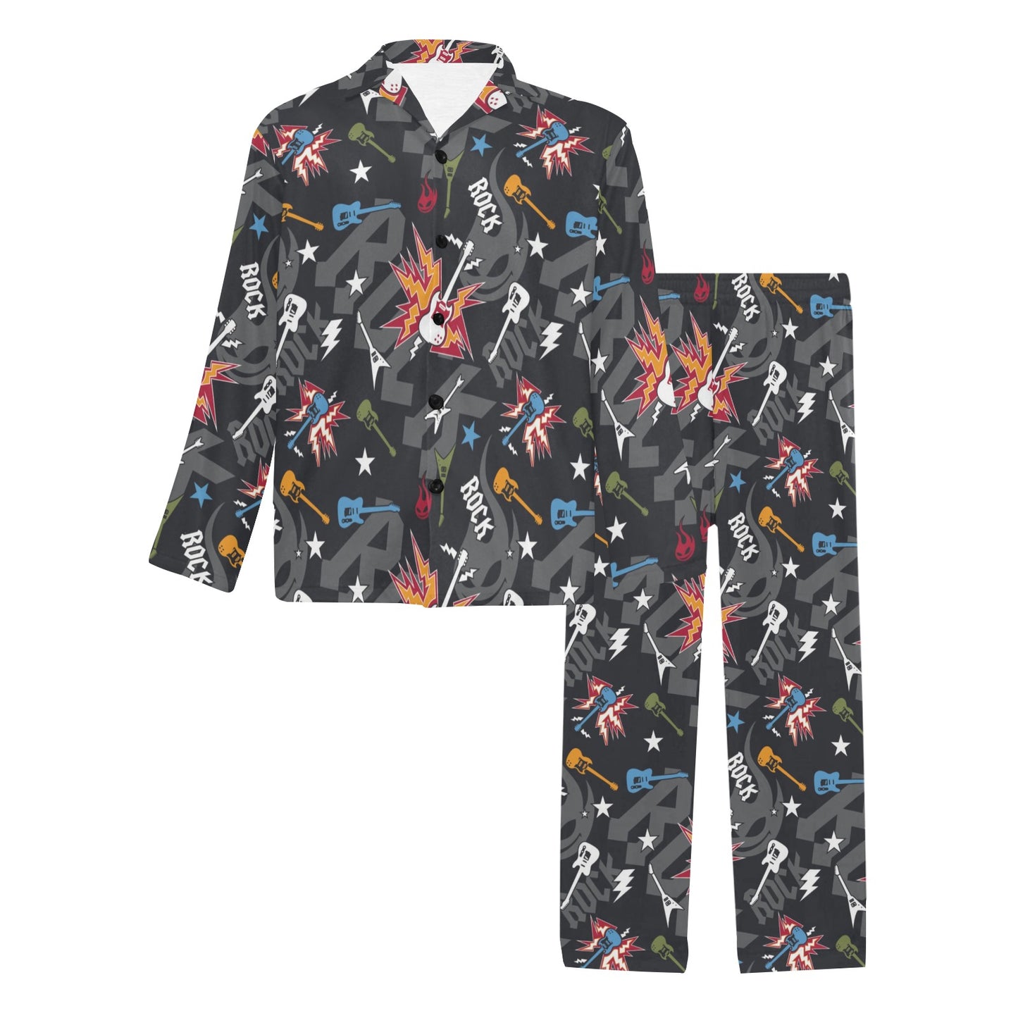 Rock and Roll Pattern Print Design A01 Men's Long Pajama Set
