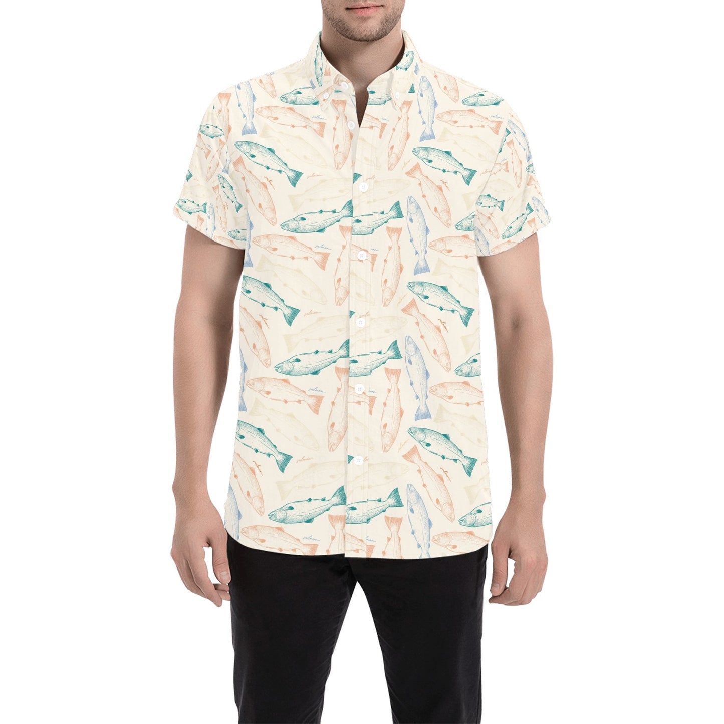 Salmon Fish Print Design LKS305 Men Short Sleeve Button Up Shirt