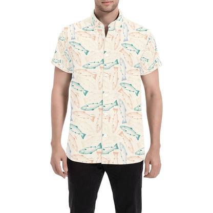 Salmon Fish Print Design LKS305 Men Short Sleeve Button Up Shirt