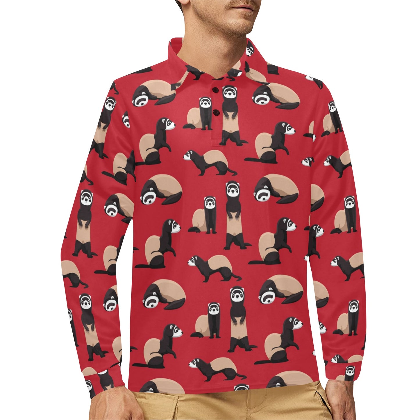 Ferret Pattern Print Design 02 Long Sleeve Polo Shirt For Men's