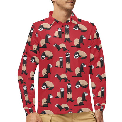 Ferret Pattern Print Design 02 Long Sleeve Polo Shirt For Men's