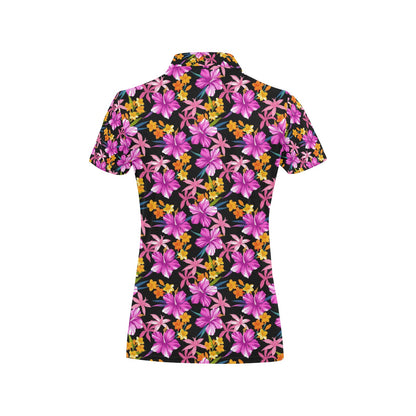 Tropical Folower Pink Hibiscus Print Women's Polo Shirt