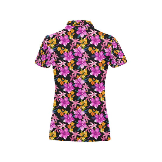 Tropical Folower Pink Hibiscus Print Women's Polo Shirt