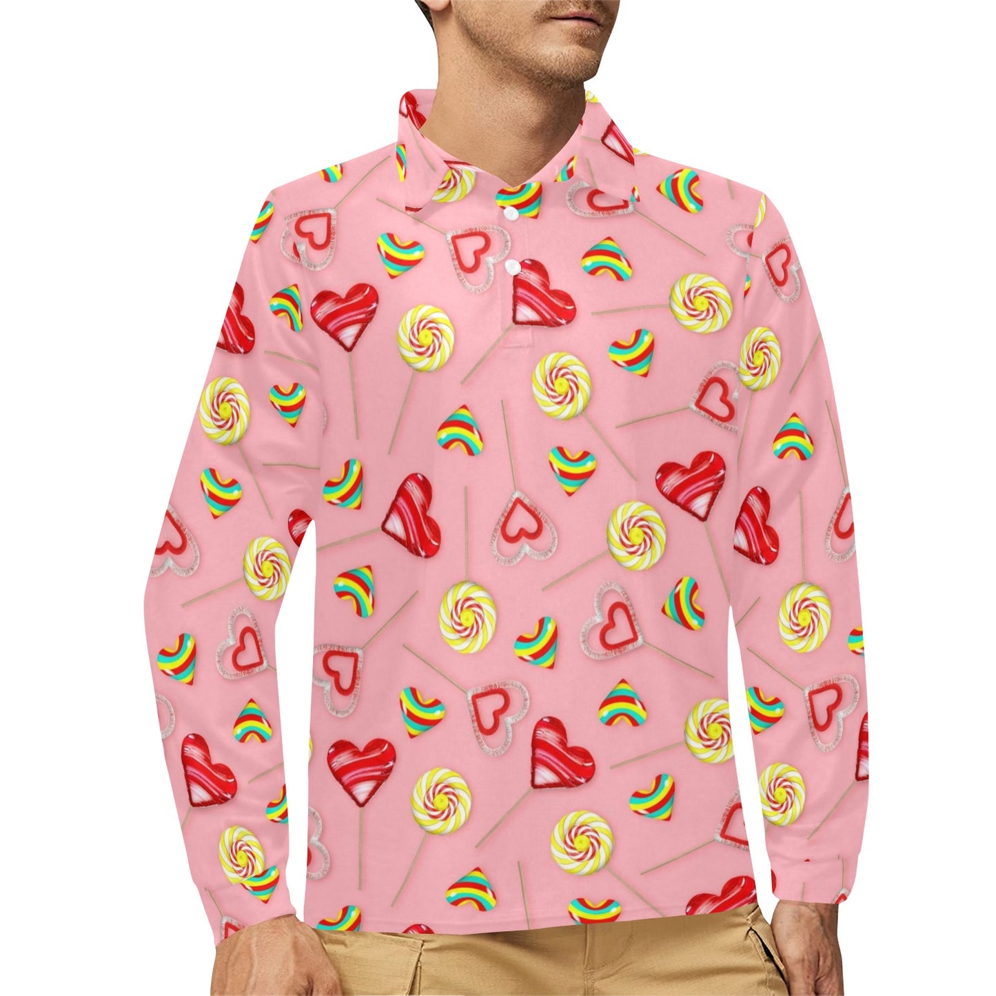 Lollipop Pattern Print Design LL05 Long Sleeve Polo Shirt For Men's