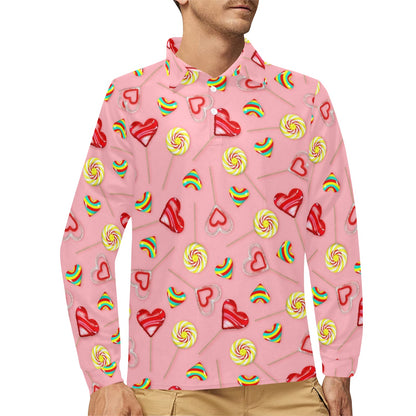 Lollipop Pattern Print Design LL05 Long Sleeve Polo Shirt For Men's