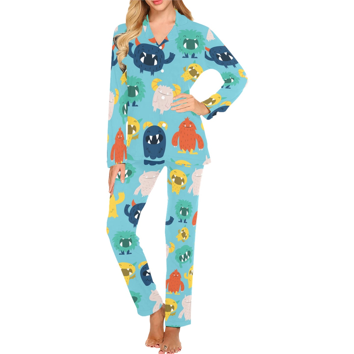 Monster Cartoon Pattern Print Design 03 Women's Long Pajama Set