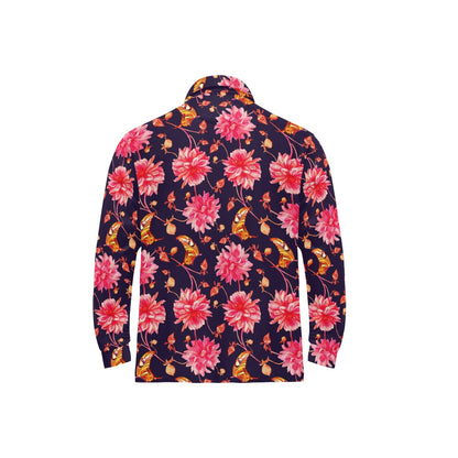 Dahlia Pattern Print Design DH03 Long Sleeve Polo Shirt For Men's