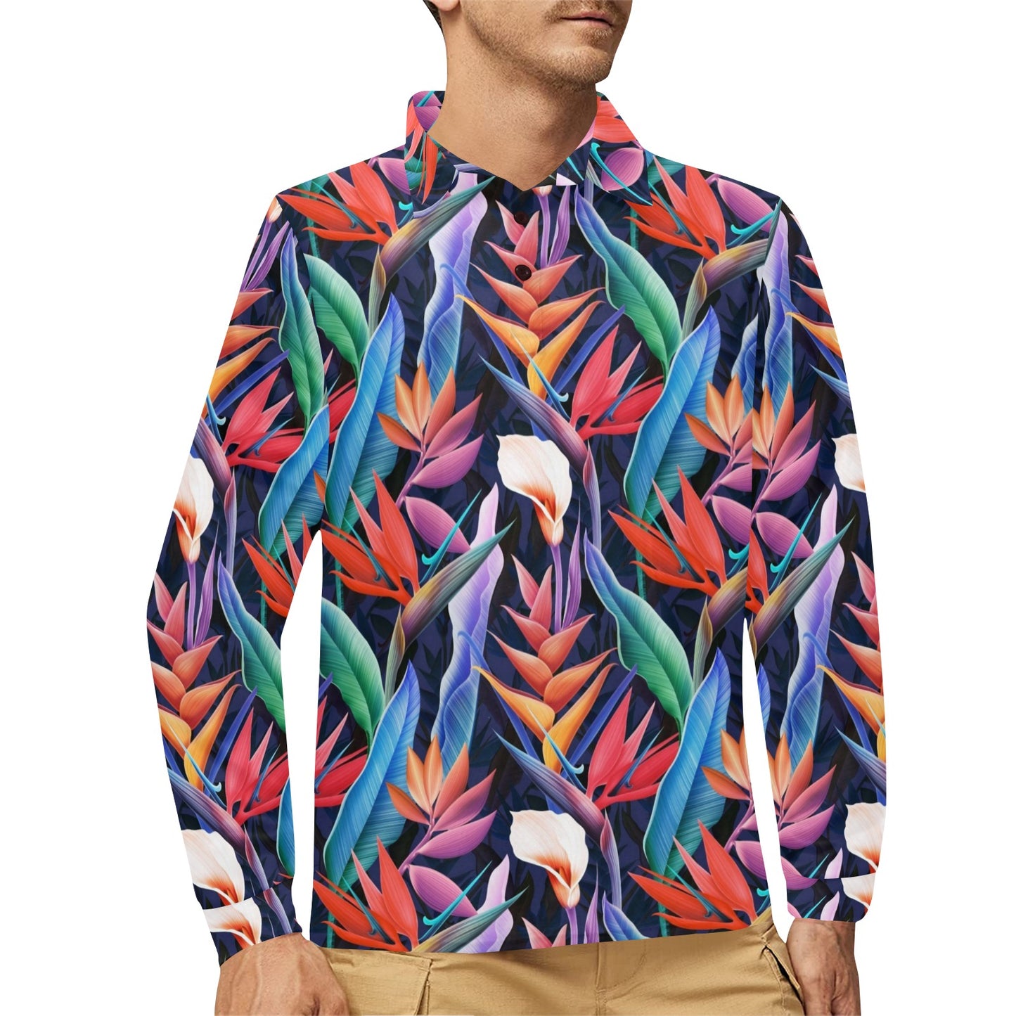 Tropical Flower Pattern Print Design TF023 Long Sleeve Polo Shirt For Men's
