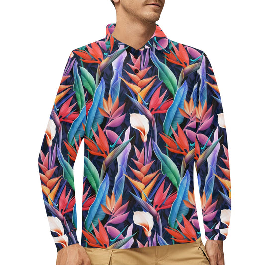 Tropical Flower Pattern Print Design TF023 Long Sleeve Polo Shirt For Men's