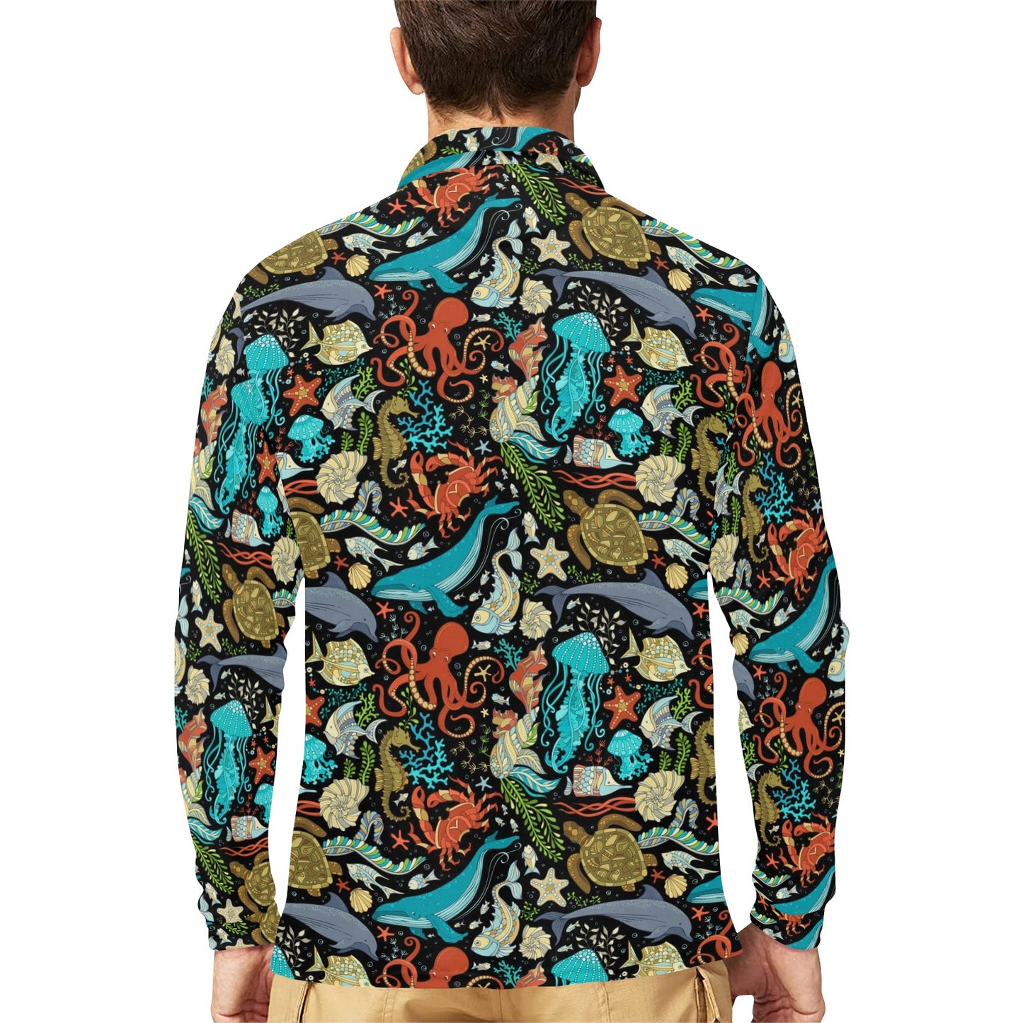 Underwater Animal Print Design LKS301 Long Sleeve Polo Shirt For Men's