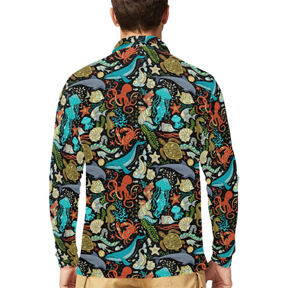 Underwater Animal Print Design LKS301 Long Sleeve Polo Shirt For Men's